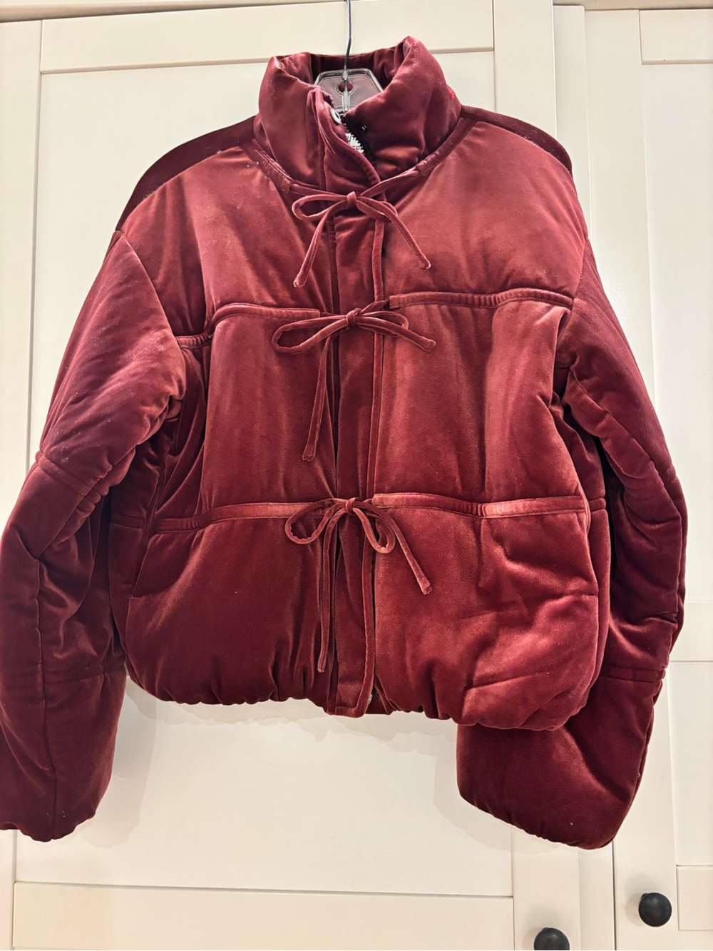 Cropped Velvet Tie-Front Bomber Jacket in Burgundy